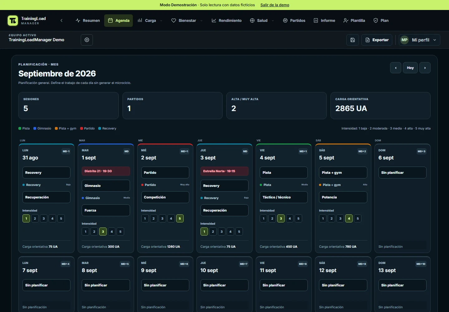 Calendario de planificación de la versión actual, con sesiones y contexto semanal